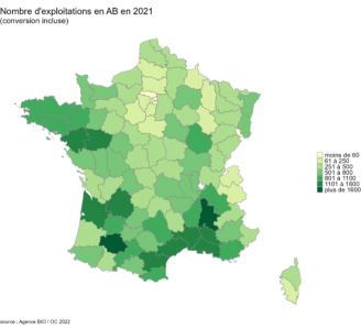 Nombre de fermes bio par départements français en 2021