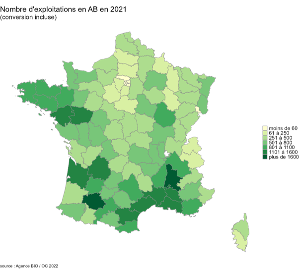 Nombre de fermes bio par départements français en 2021